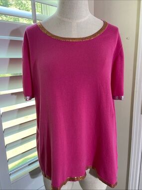 Peace of Cloth Cotton Short-Sleeve Top Size L Hot Pink Gold/SilverTrim Boutique